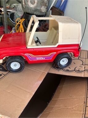 Tonka Red and Beige Toy Jeep with Retro Stripe Graphics